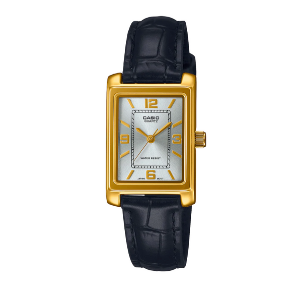 Casio Analogue Gold Bezel, Black Leather Band Watch