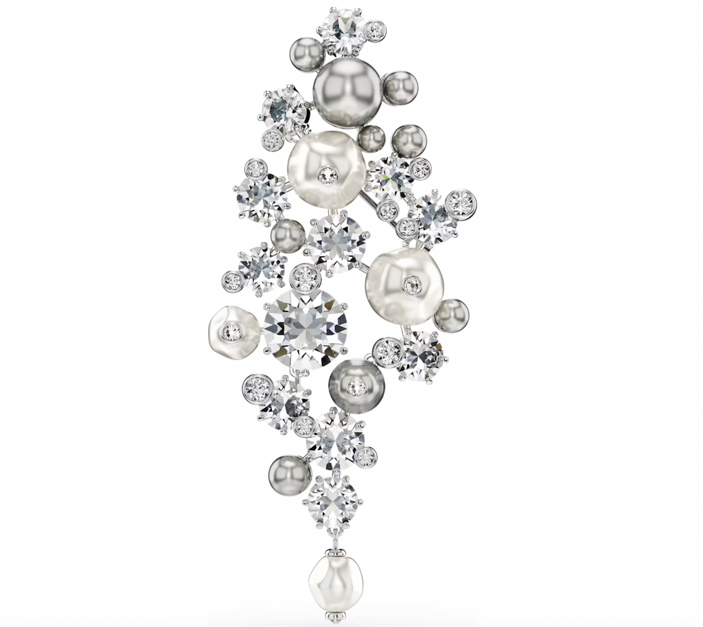 Constella: Crystal Pearl, White Round Cut Silver Brooch