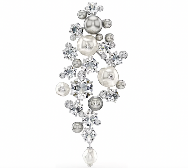 Constella: Crystal Pearl, White Round Cut Silver Brooch
