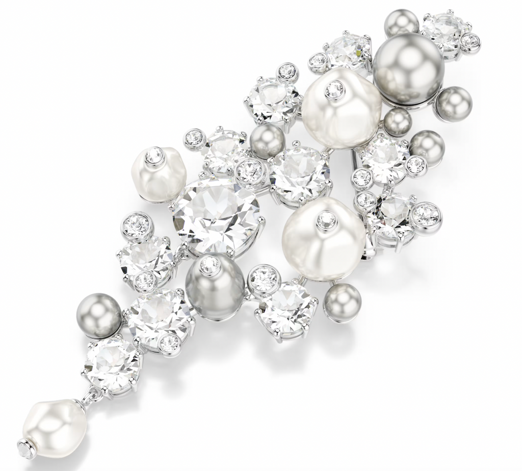 Constella: Crystal Pearl, White Round Cut Silver Brooch