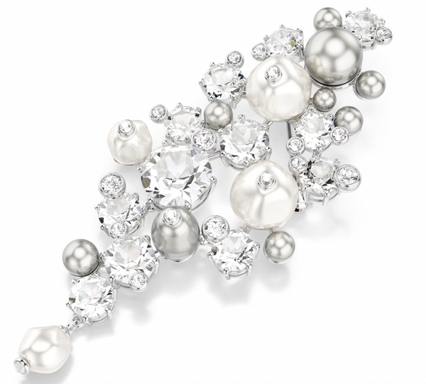 Constella: Crystal Pearl, White Round Cut Silver Brooch