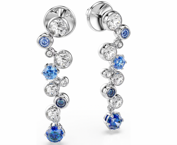 Constella: Blue Mixed Cuts Long Silver Drop Earrings
