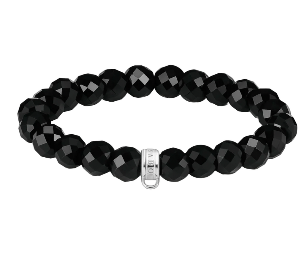 Black Obsidian Oval Bead Large Silver Charm Bracelet