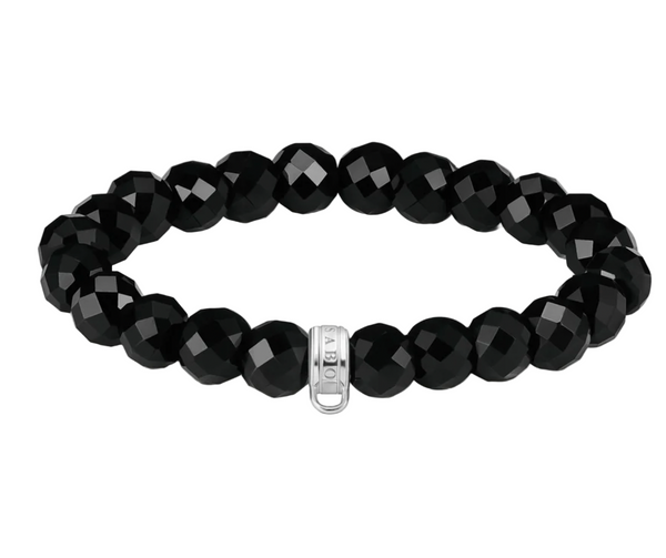 Black Obsidian Oval Bead Large Silver Charm Bracelet