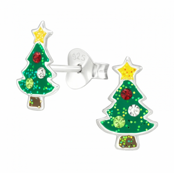 🎄Christmas: Kids Christmas Tree with Crystals Silver Stud Earrings