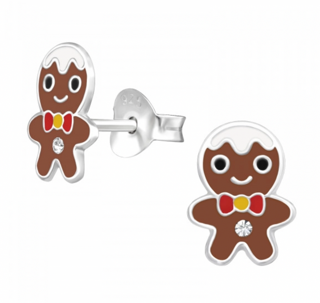 🎄Christmas: Kids Gingerbread Men with Crystal Silver Stud Earrings