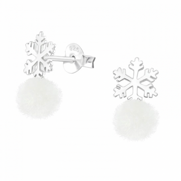 🎄Christmas: Kids Snowflake with Pom Pom Silver Stud Earrings