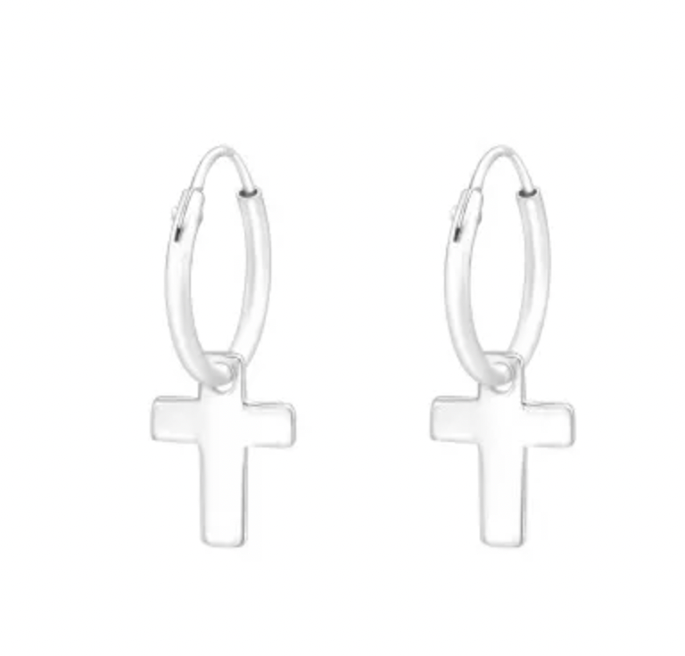 Kids Hanging Cross Silver Hoop Earrings