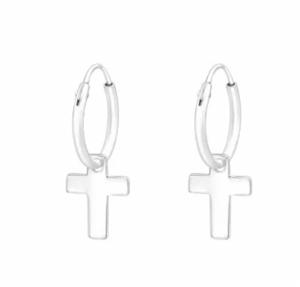 Kids Hanging Cross Silver Hoop Earrings