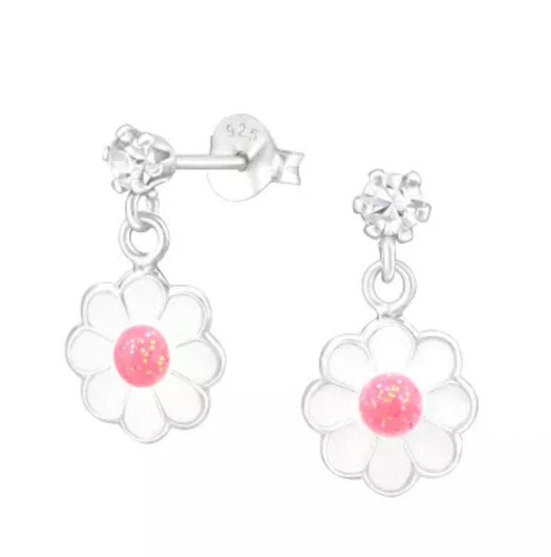 Kids Hanging White Flower with Pink CZ Silver Stud Earrings