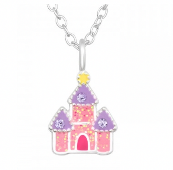 Kids Pink Castle with Crystal Silver Necklace