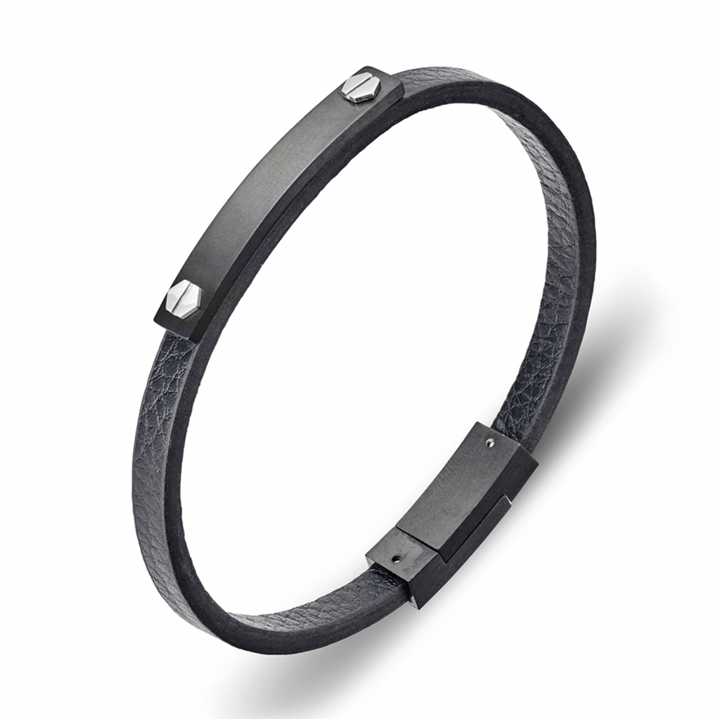 Bracelet - Blaze Stainless Steel Men’s Black Leather with IP Steel and Black ID Plate - 2 Colours