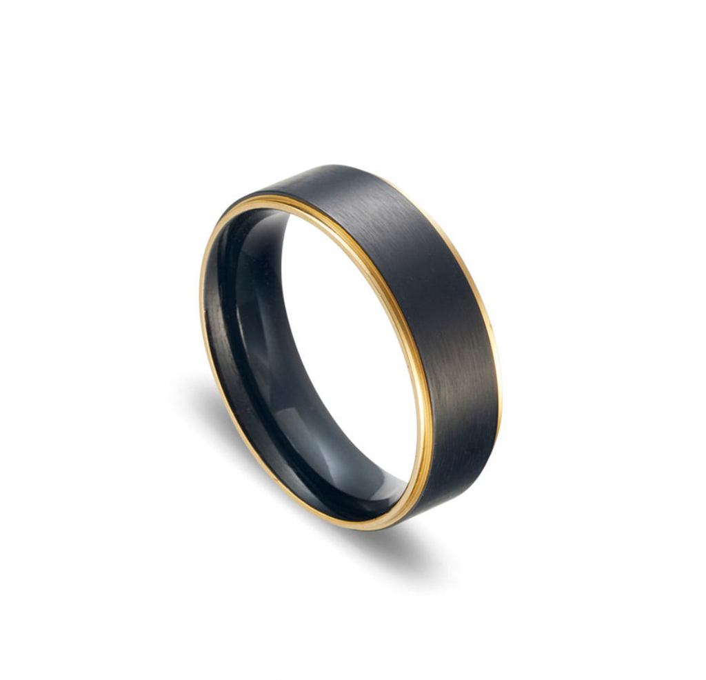 Blaze Stainless Steel Men's Black Brushed Ring with Beveled Gold Edges