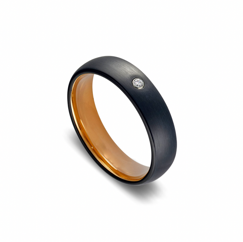 Blaze Tungsten Men's IP Rosegold and Black Plated Brushed Ring with CZ