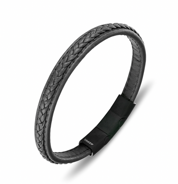 Bracelet - Blaze Stainless Steel Men's Black Leather Bangle