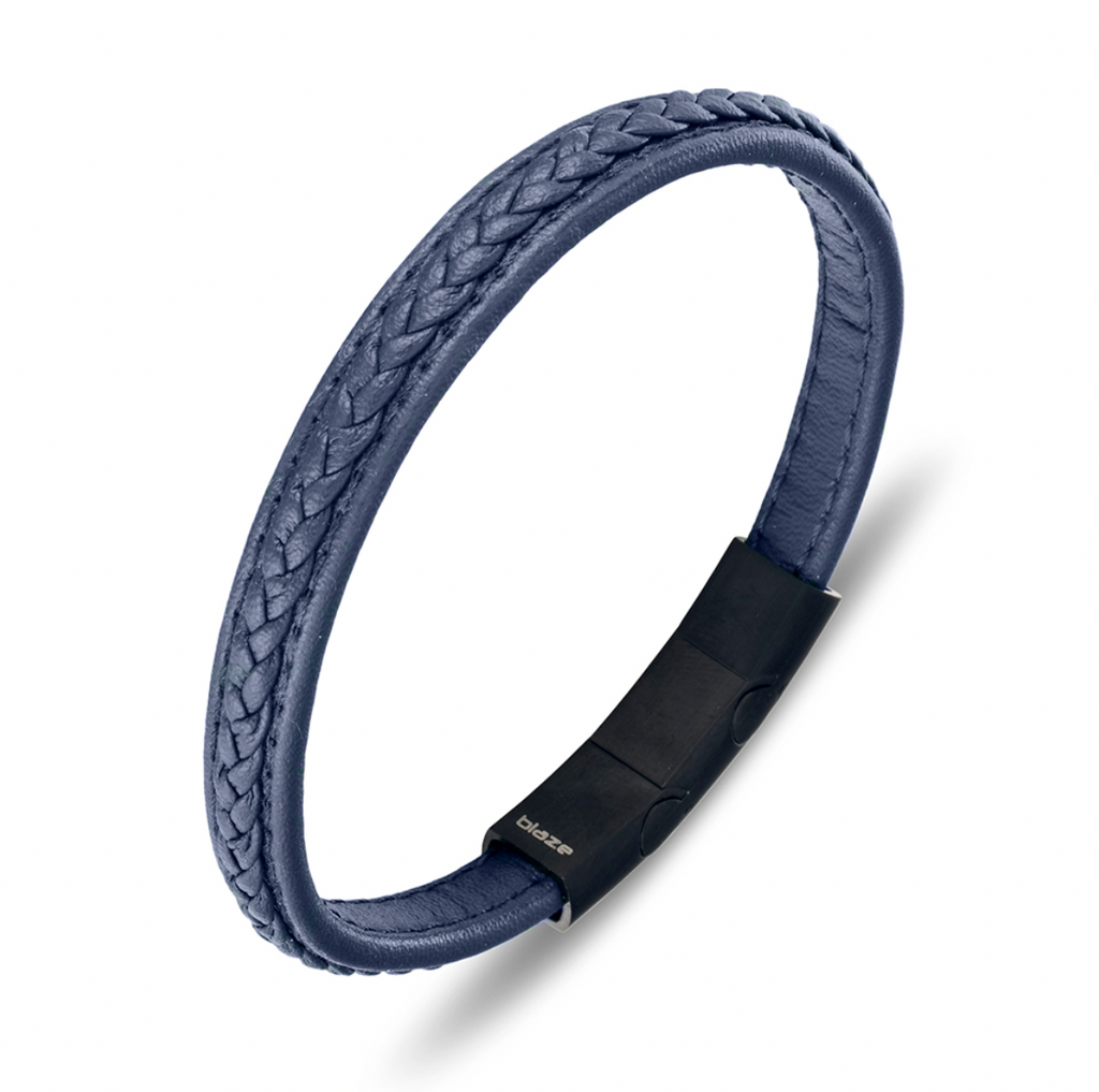 Bracelet - Blaze Stainless Steel Men's Blue Leather Bangle