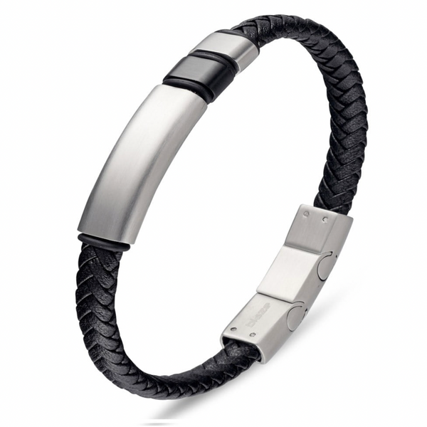 Bracelet - Blaze Stainless Steel Men's Black Leather with Steel Bar Details