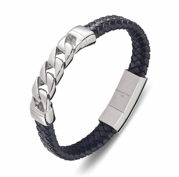 Blaze Stainless Steel Men’s Black Leather Bangle with Steel Chain Link Details