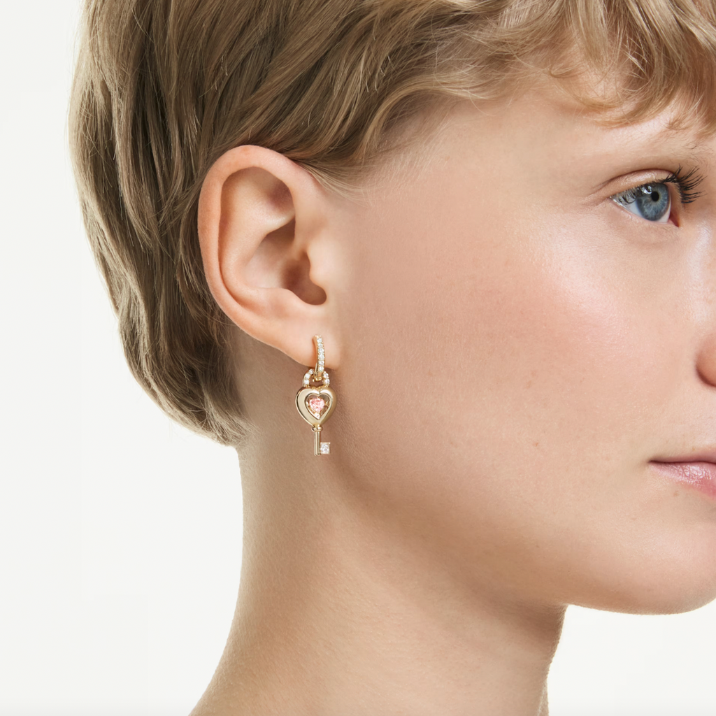 Idyllia: Pink Mixed Cut Heart with Key Gold Drop Earrings with Ear Cuffs