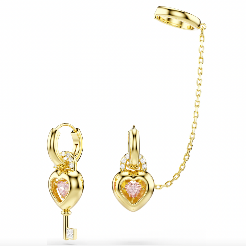 Idyllia: Pink Mixed Cut Heart with Key Gold Drop Earrings with Ear Cuffs