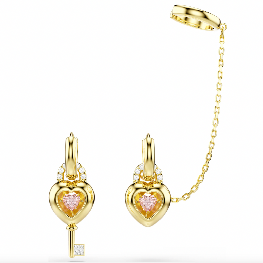 Idyllia: Pink Mixed Cut Heart with Key Gold Drop Earrings with Ear Cuffs