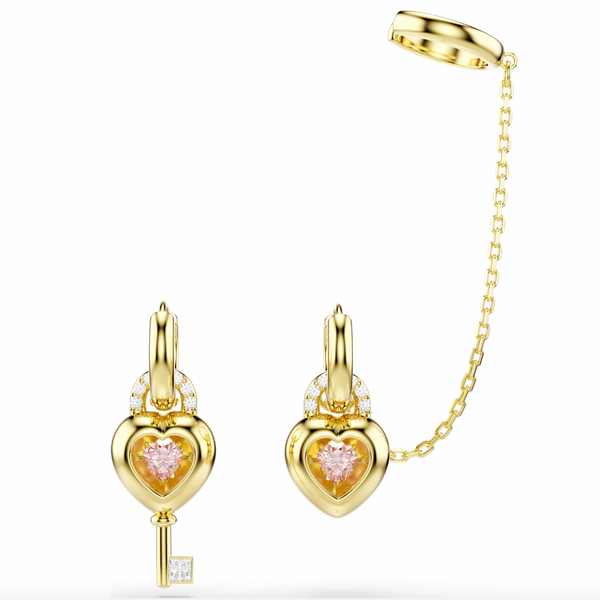 Idyllia: Pink Mixed Cut Heart with Key Gold Drop Earrings with Ear Cuffs