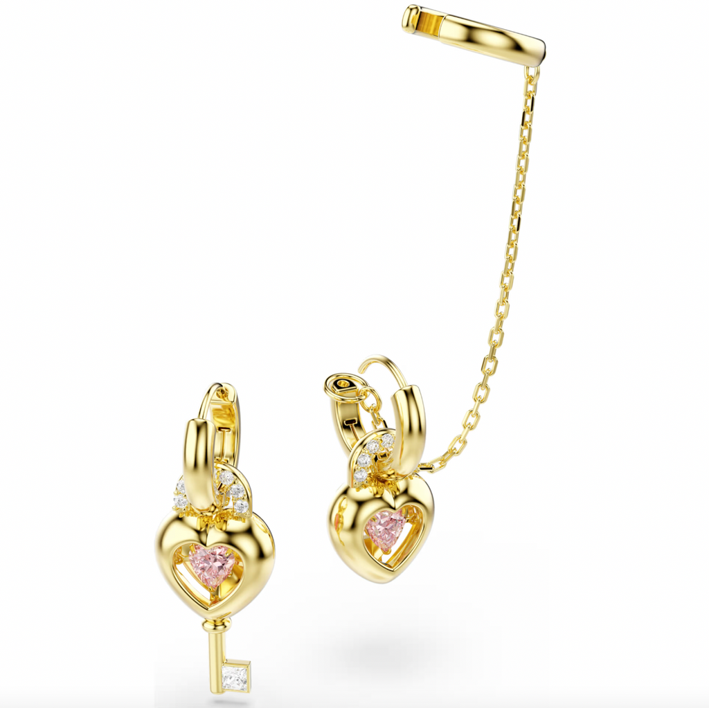 Idyllia: Pink Mixed Cut Heart with Key Gold Drop Earrings with Ear Cuffs