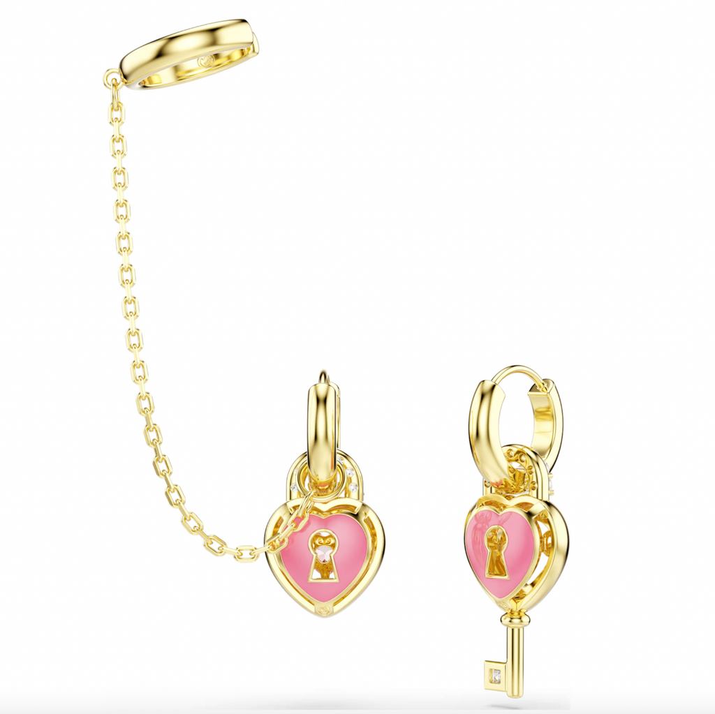 Idyllia: Pink Mixed Cut Heart with Key Gold Drop Earrings with Ear Cuffs
