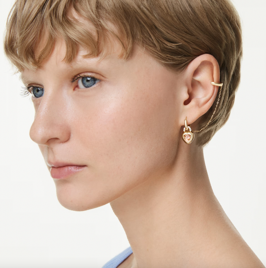 Idyllia: Pink Mixed Cut Heart with Key Gold Drop Earrings with Ear Cuffs