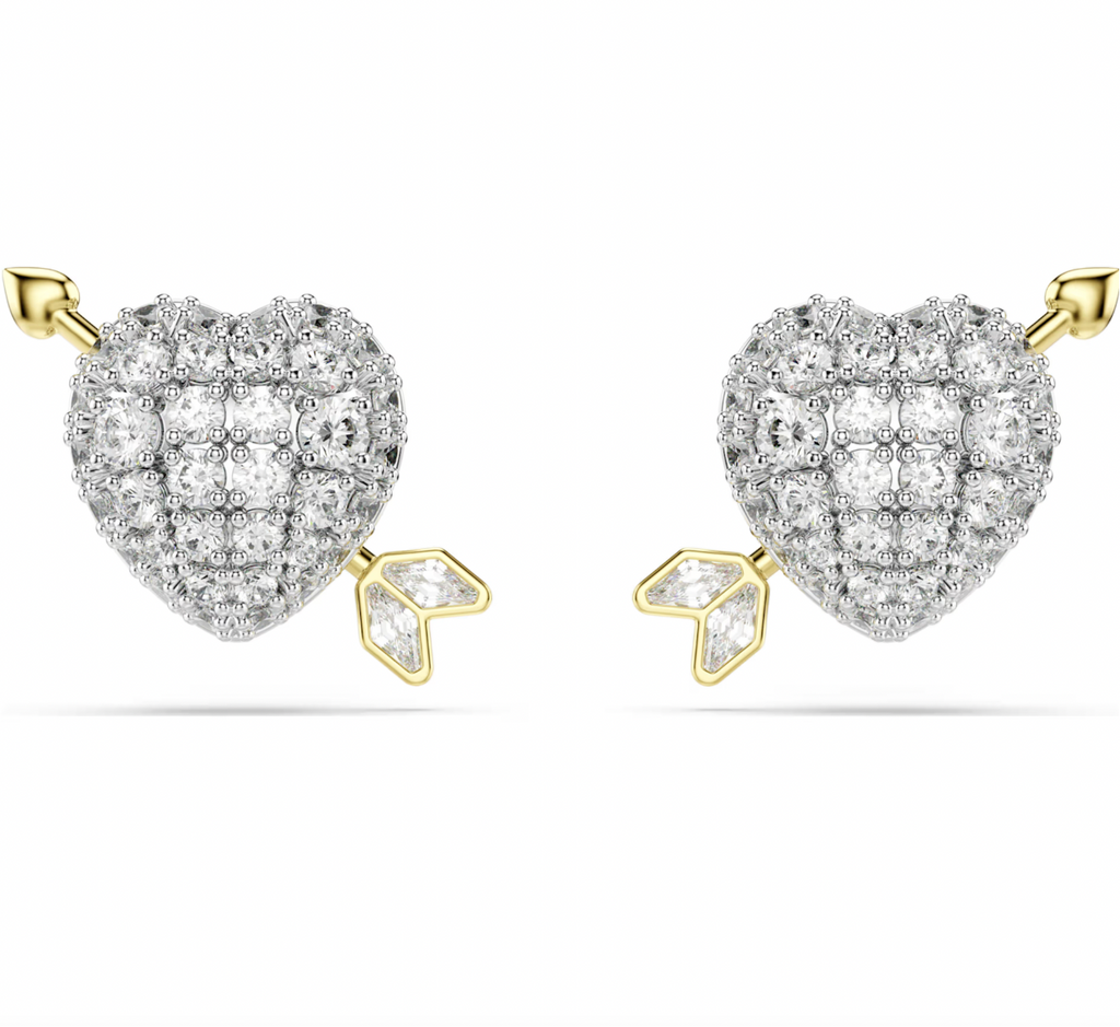 Idyllia: Heart with Arrow White Mixed Cuts Gold & Silver Stud Earrings