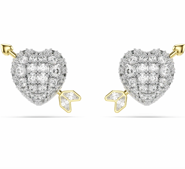 Idyllia: Heart with Arrow White Mixed Cuts Gold & Silver Stud Earrings