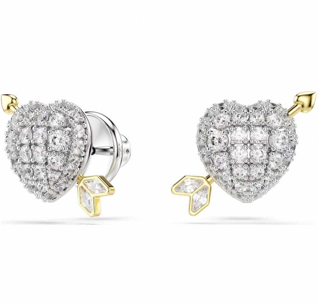 Idyllia: Heart with Arrow White Mixed Cuts Gold & Silver Stud Earrings