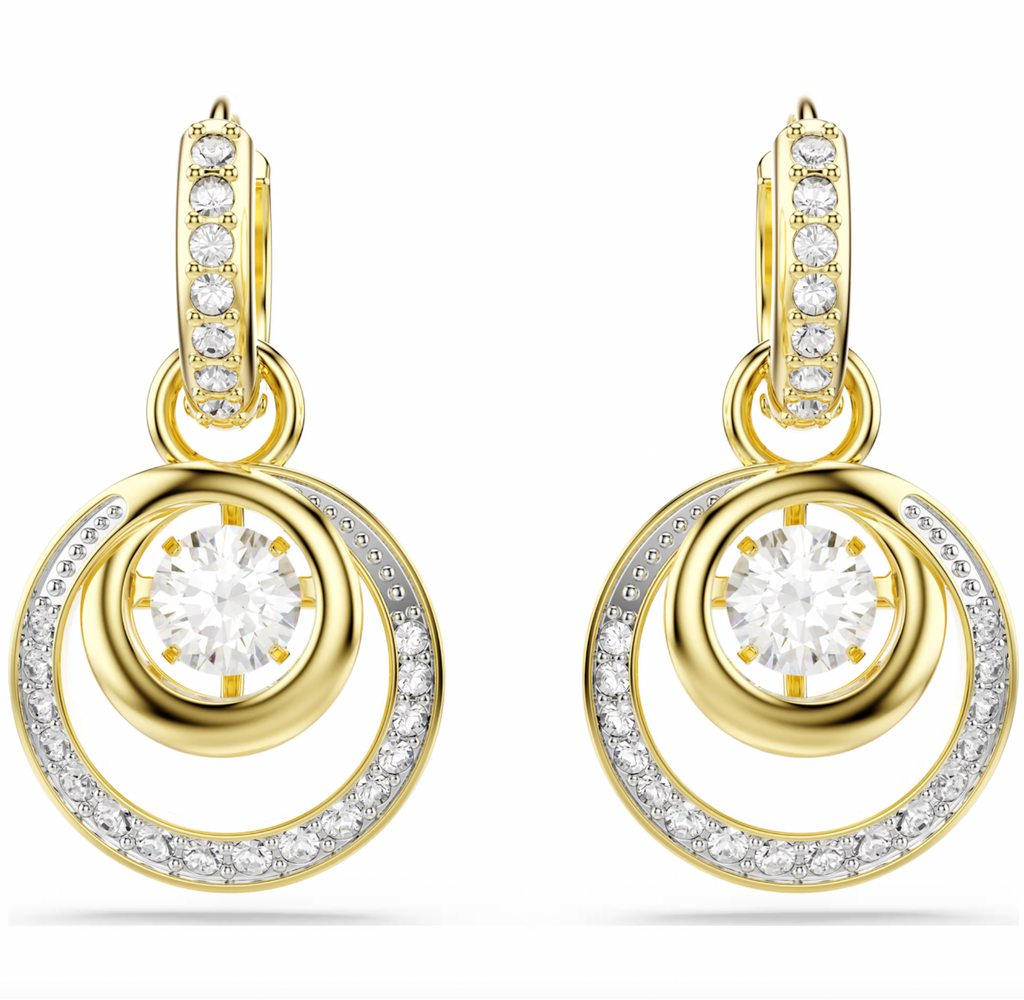 Hyperbola: White Round Cut Gold Drop Earrings