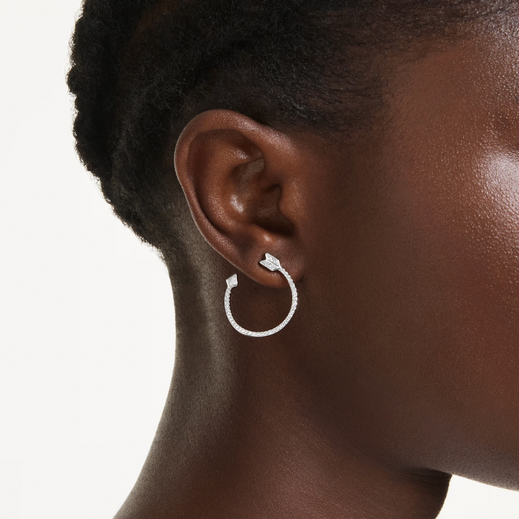 Idyllia: White Arrow Mixed Cuts Silver Hoop Earrings