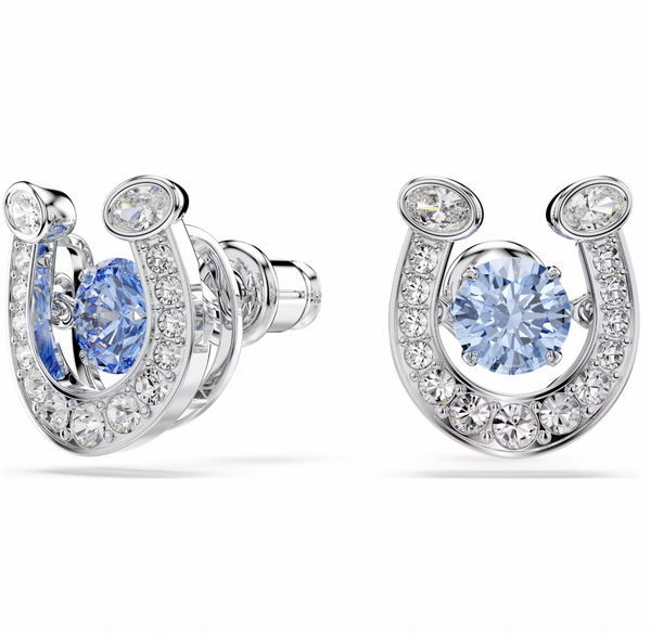 Symbolica: Pave Blue Round Cut Horseshoe Silver Stud Earrings