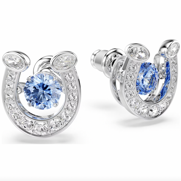 Symbolica: Pave Blue Round Cut Horseshoe Silver Stud Earrings