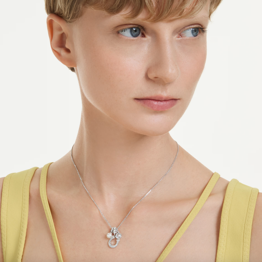 Symbolica: Pave Round Cut Crystal Pearl Horseshoe Silver Pendant