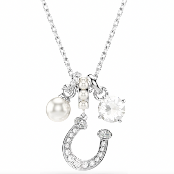 Symbolica: Pave Round Cut Crystal Pearl Horseshoe Silver Pendant