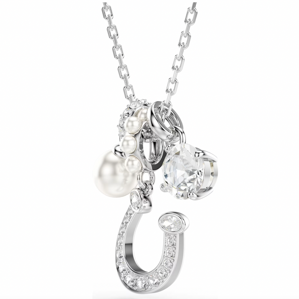 Symbolica: Pave Round Cut Crystal Pearl Horseshoe Silver Pendant