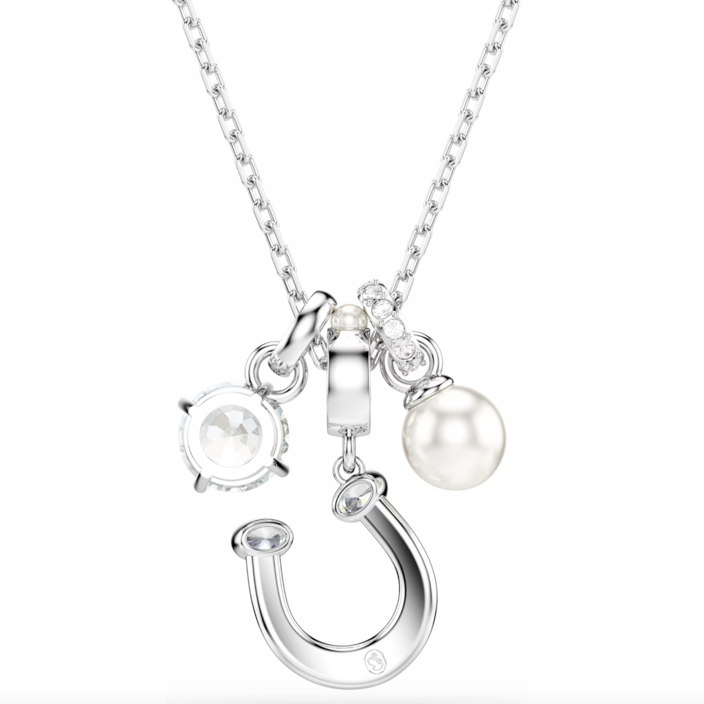 Symbolica: Pave Round Cut Crystal Pearl Horseshoe Silver Pendant