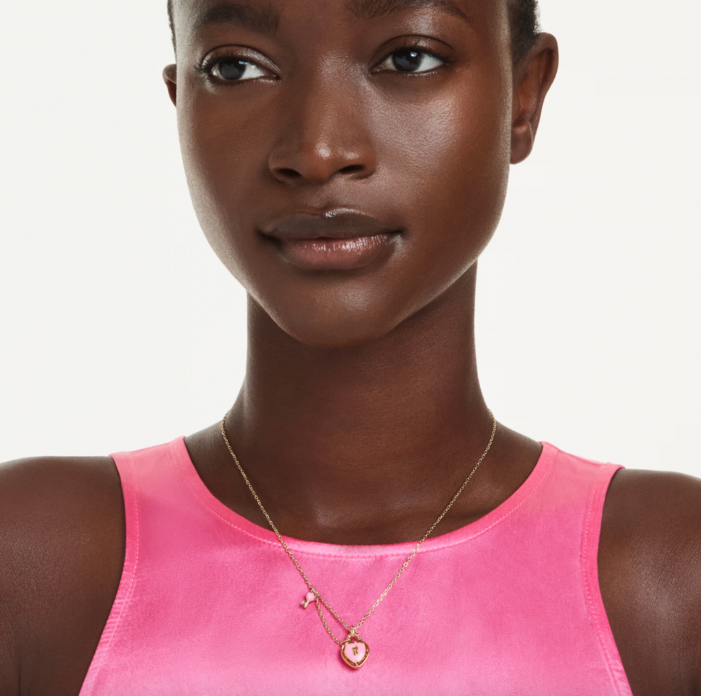 Idyllia: White/Pink Mixed Cuts Heart & Key Gold Pendant