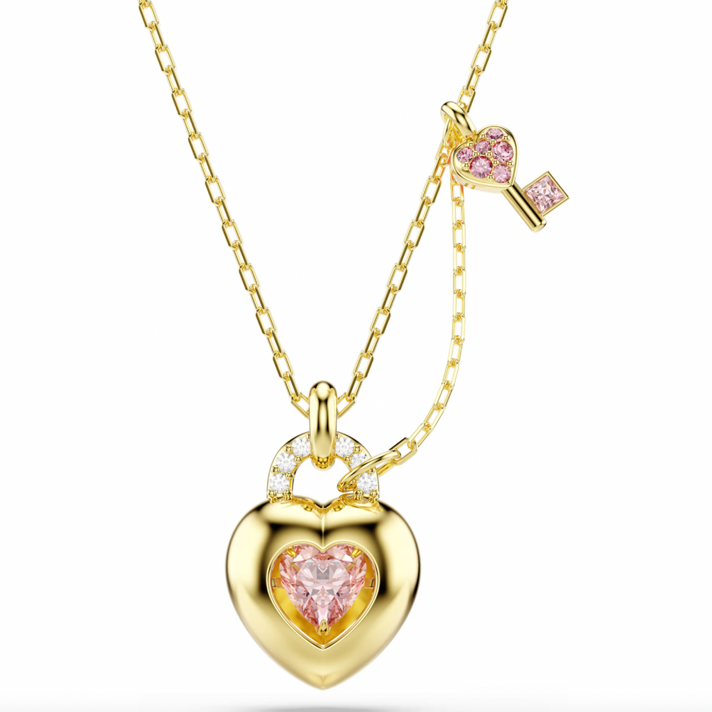Idyllia: White/Pink Mixed Cuts Heart & Key Gold Pendant