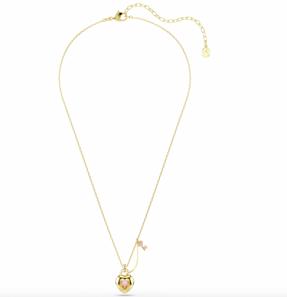 Idyllia: White/Pink Mixed Cuts Heart & Key Gold Pendant