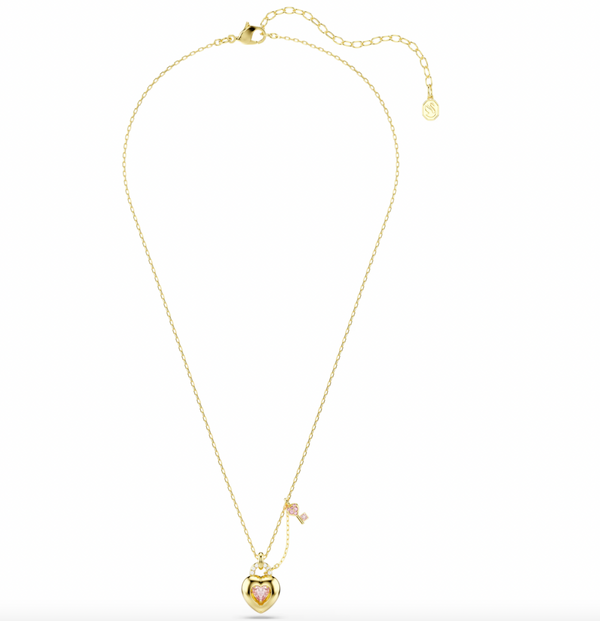 Idyllia: White/Pink Mixed Cuts Heart & Key Gold Pendant