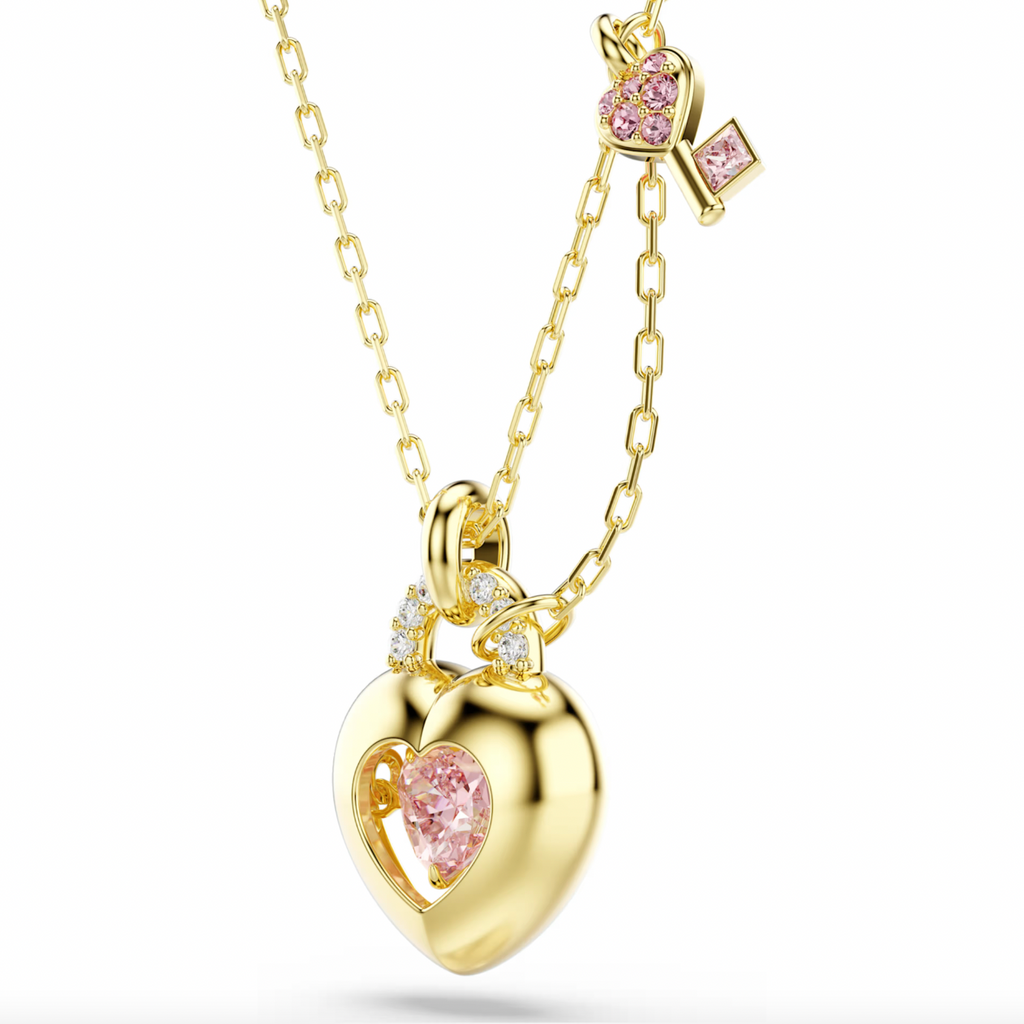 Idyllia: White/Pink Mixed Cuts Heart & Key Gold Pendant