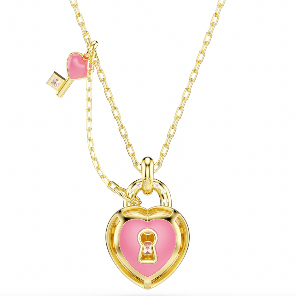 Idyllia: White/Pink Mixed Cuts Heart & Key Gold Pendant