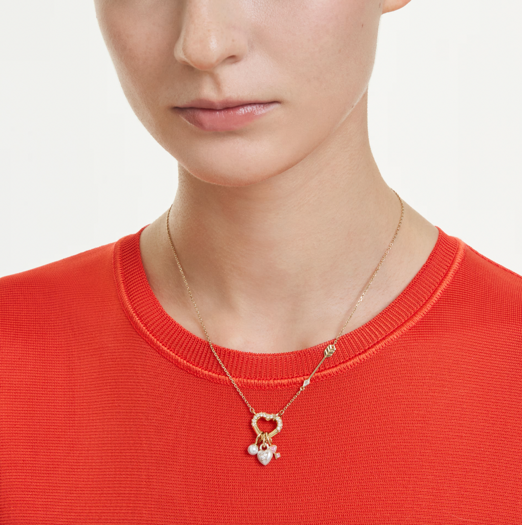 Idyllia: White/Pink Mixed Cuts Heart & Key Gold Pendant