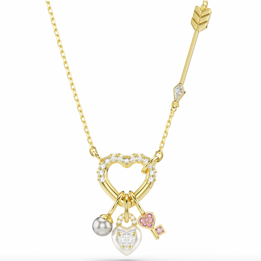 Idyllia: White/Pink Mixed Cuts Heart & Key Gold Pendant