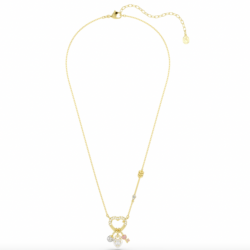 Idyllia: White/Pink Mixed Cuts Heart & Key Gold Pendant