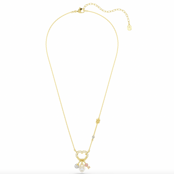 Idyllia: White/Pink Mixed Cuts Heart & Key Gold Pendant